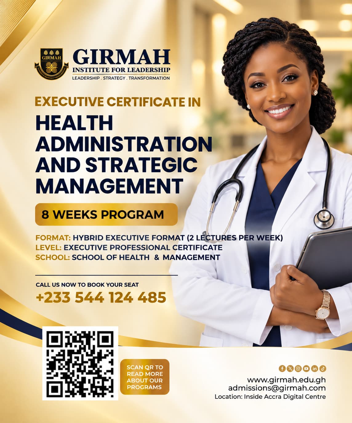Girmah Executive Certificate in Health Administration and Strategic Management flyer showing a healthcare professional