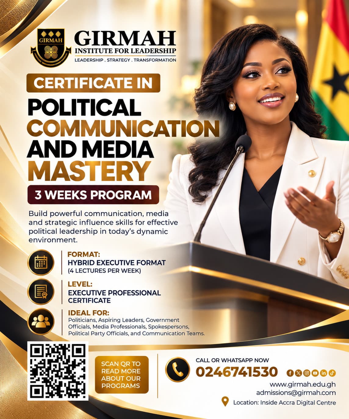 Girmah Certificate in Political Communication and Media Mastery flyer showing a professional speaking at a podium