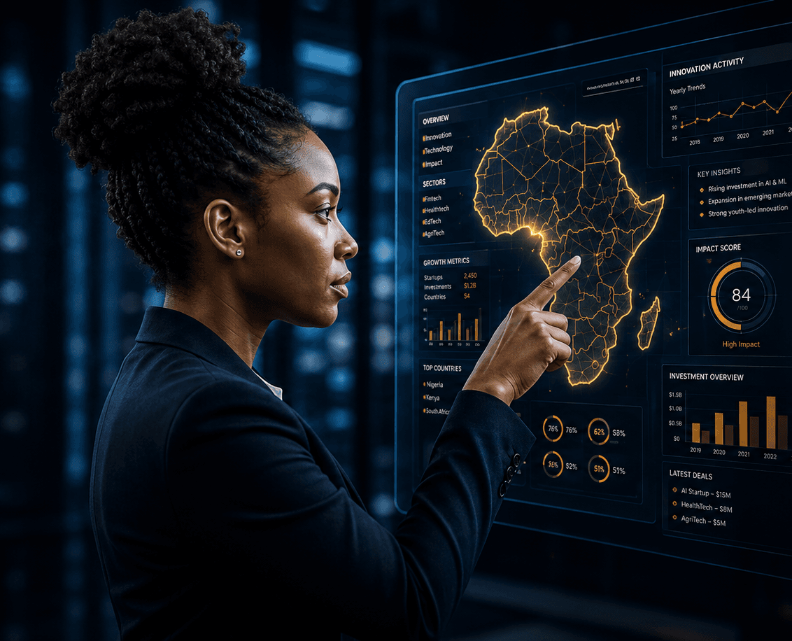 Professional woman interacting with a digital Africa innovation dashboard