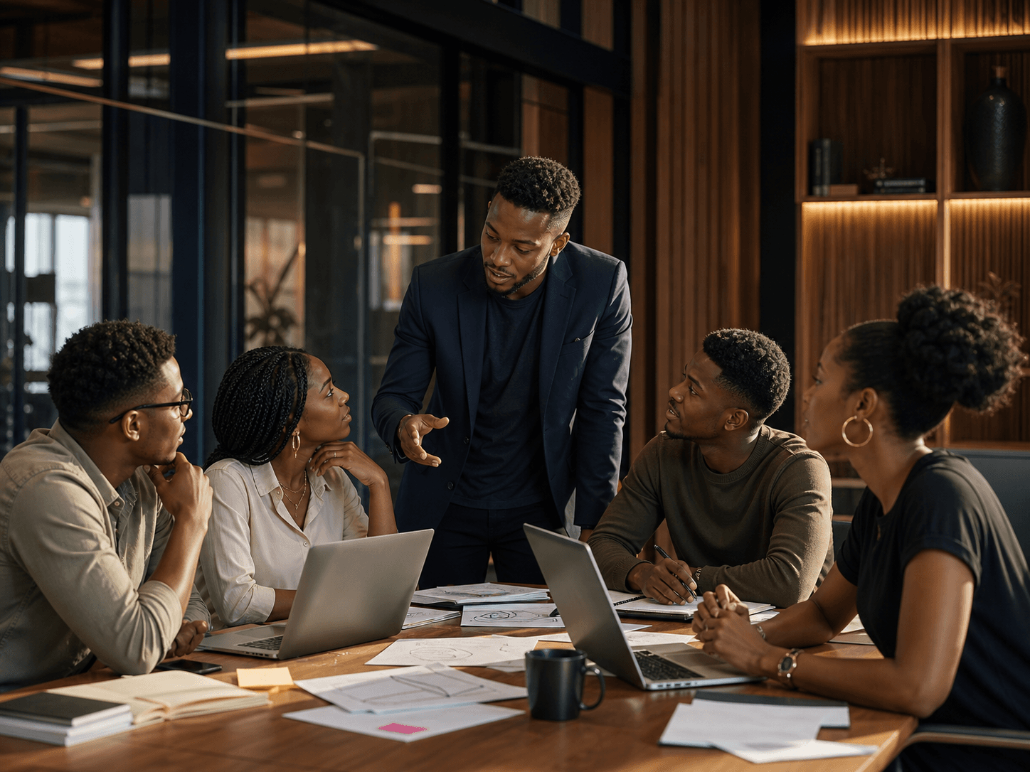 Young African founders collaborating with a mentor in an innovation studio